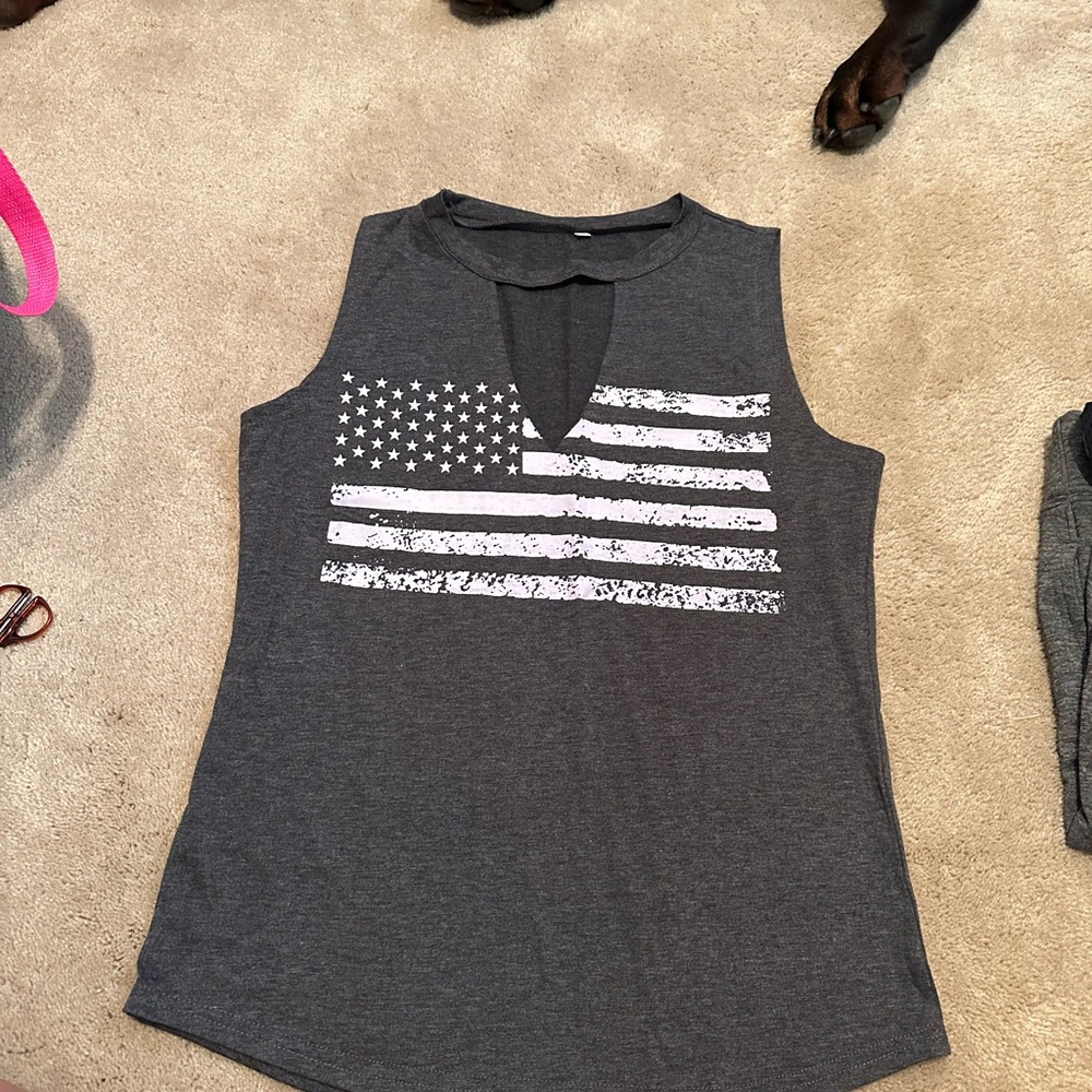 Gray Sleeveless Top with American Flag Design